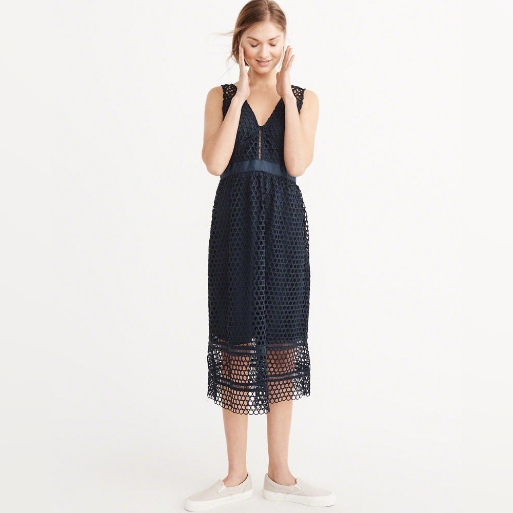 A&F New Size XS Tall Navy‎ Blue Crochet Lace Cut Out Midi Dress